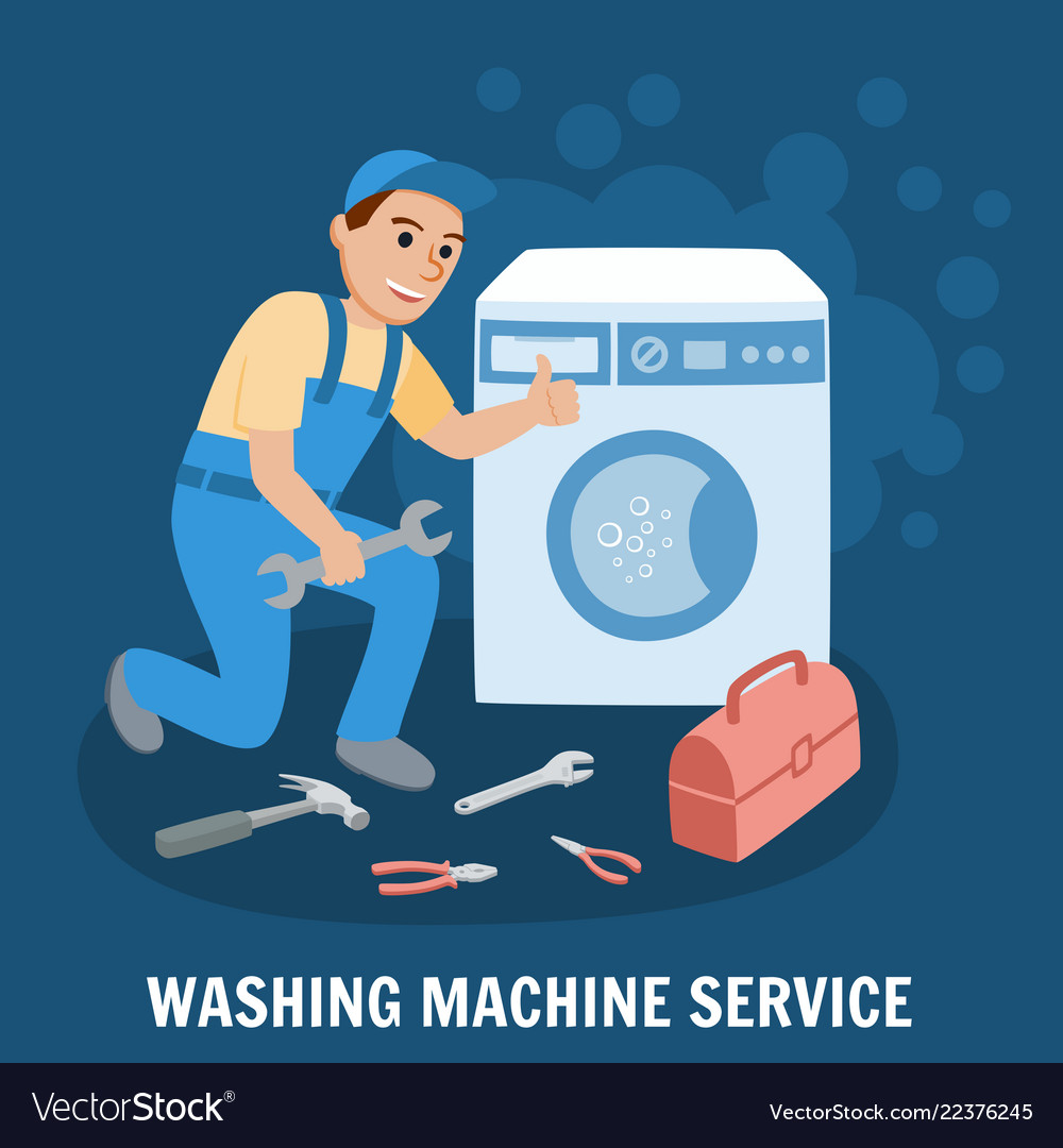 Washing Machine Service. Plumbing Specialist with Toolbox Fixing, repairing Washing Machine. Plumbing Service. Plumber Design Concept set with Repair. Vector Illustration.